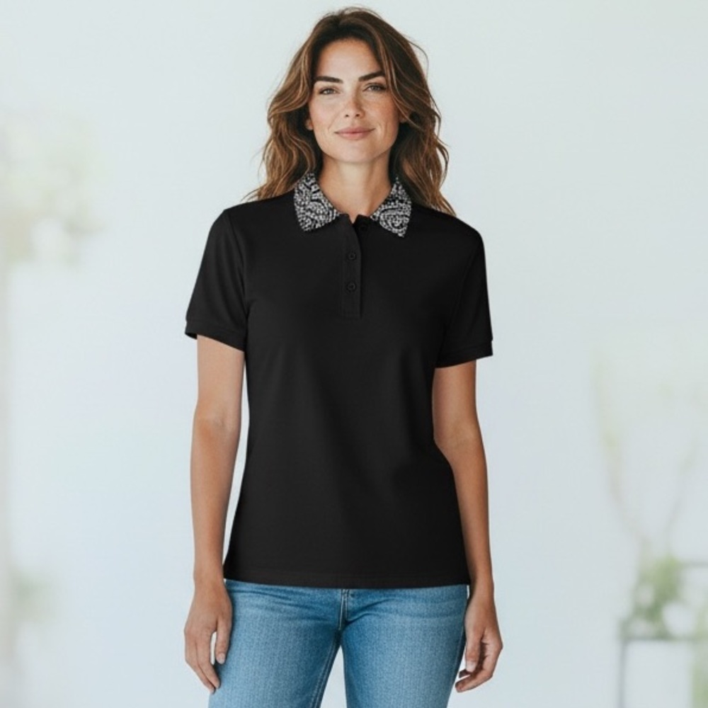 Asos Women's XS 100% Organic Cotton Contrast Collar Polo Shirt Black Blue